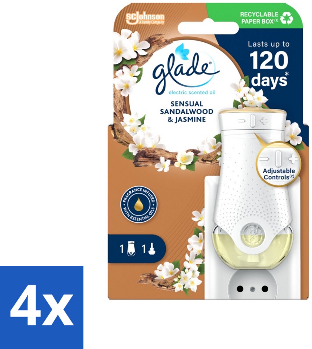 4 x Glade - Houder Elektrische Olie - Sensual Sandelhout Jasmijn - Geurkaars - Elektrische Geurdispenser - Geurhouder - Sandelhout Geur - Jasmijn Geur