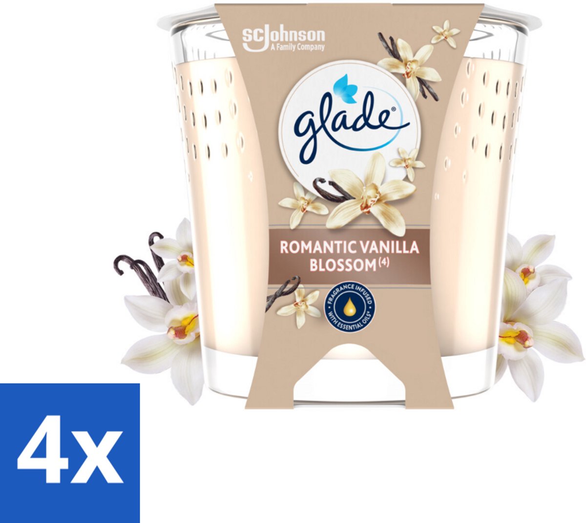 4 x Glade - Geurkaars Romantic Vanillebloesem - 100% Raapzaadwas & Vegan - 112 g - Geurkaars - Vanille Geur - Amber Geur - Vegan Kaars - Biologische Kaars