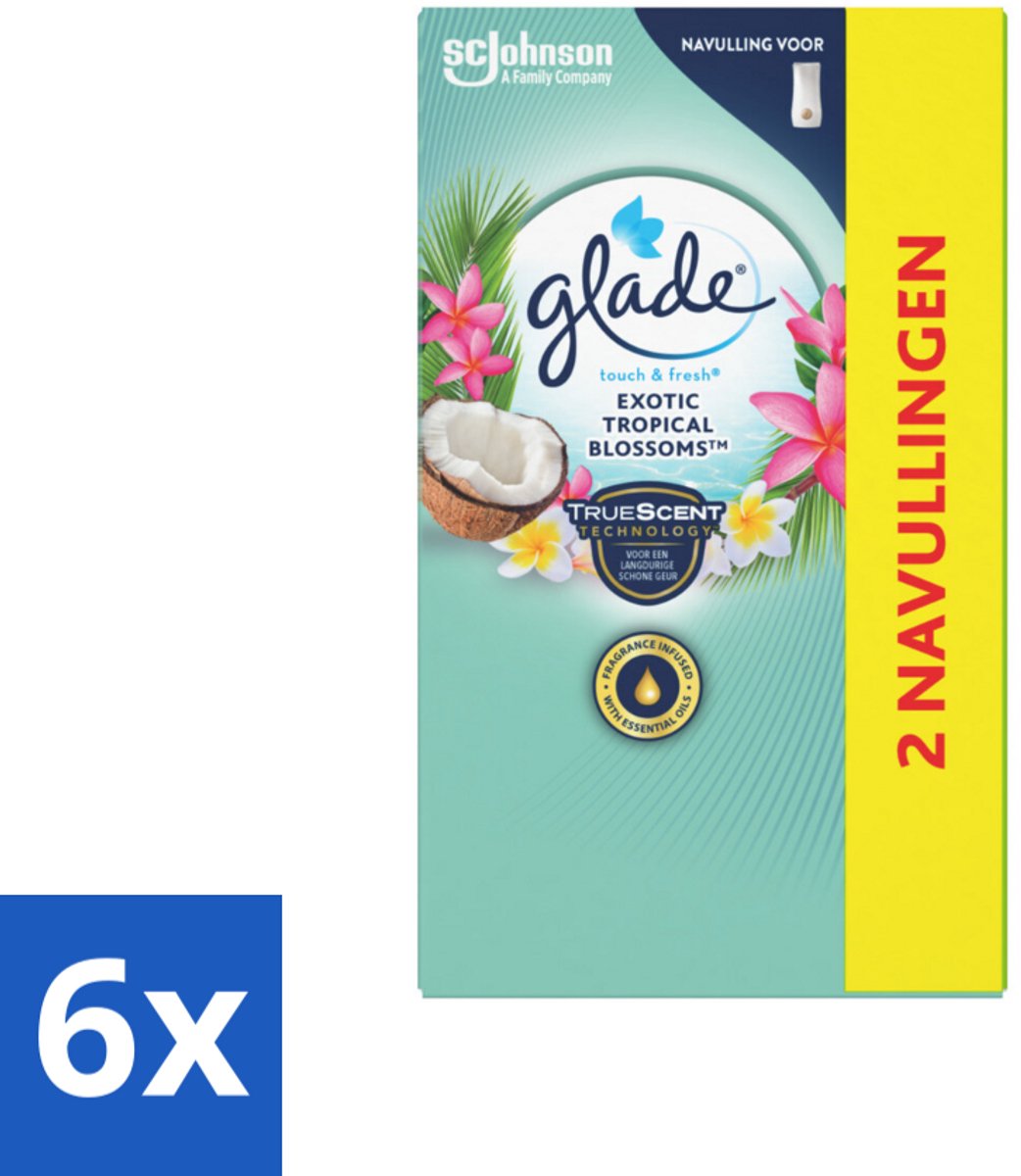 6 x Glade - Touch & Fresh - Exotic Tropical Blossoms - 2x 10 ml - Geur - Luchtverfrisser - Monoi Olie - Tropische Geur - Kokosmelk