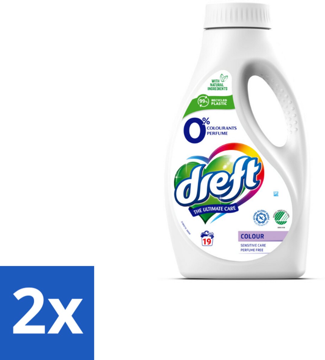 2 x Dreft - Vloeibaar Wasmiddel - 0% Gekleurde Was - Hypoallergeen - 19 Wasbeurten - Wasmiddel - Gekleurde Was - Gevoelige Huid - Parfumvrij - Natuurlijke Ingrediënten