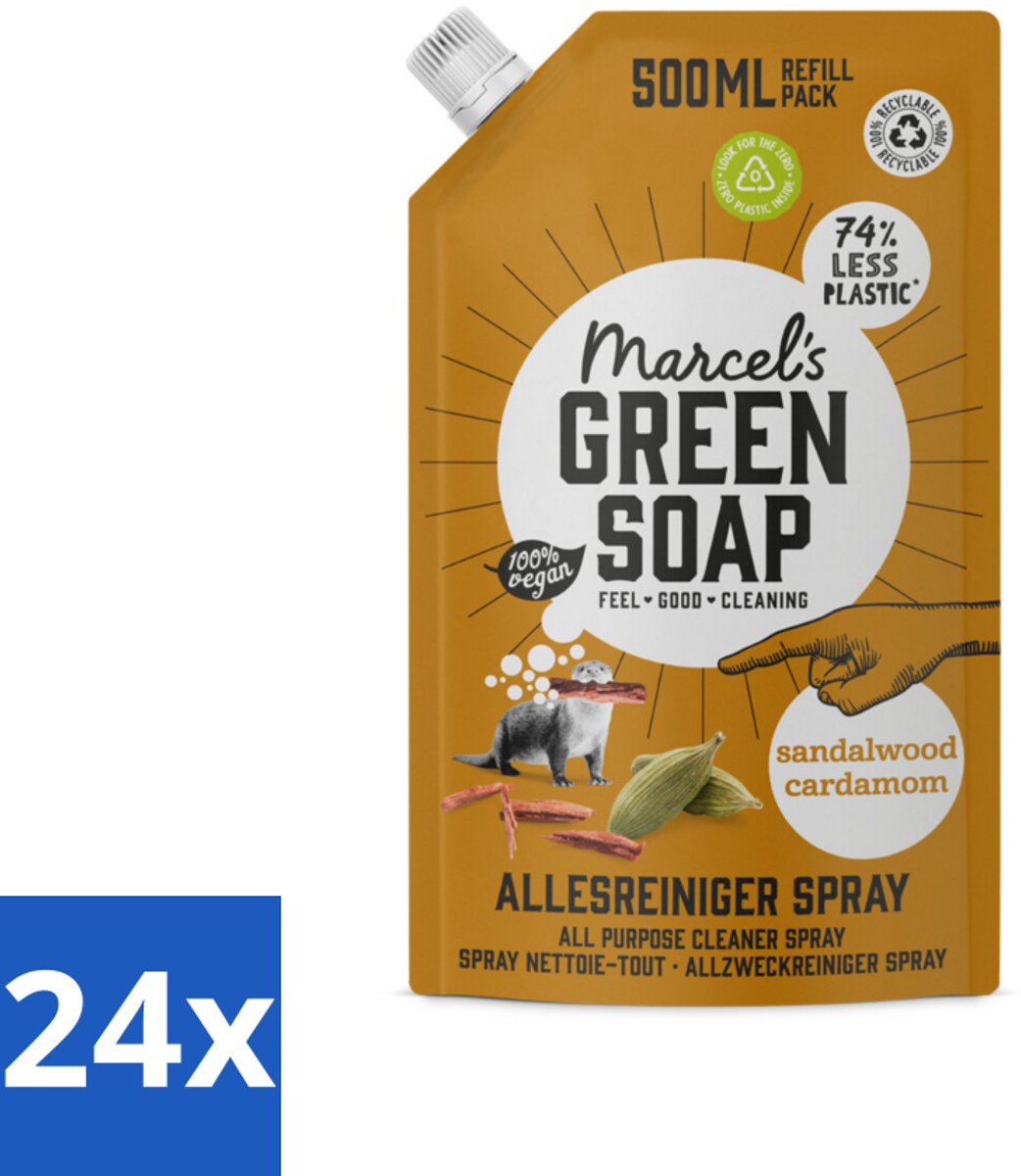 24 x Marcel's Green Soap - Allesreiniger Spray - Navulling - Sandelhout & Kardemon - Frisse reiniging - 500 ml - Allesreiniger - Schoonmaakmiddel - Milieuvriendelijk - Biologisch Afbreekbaar - Sandelhout