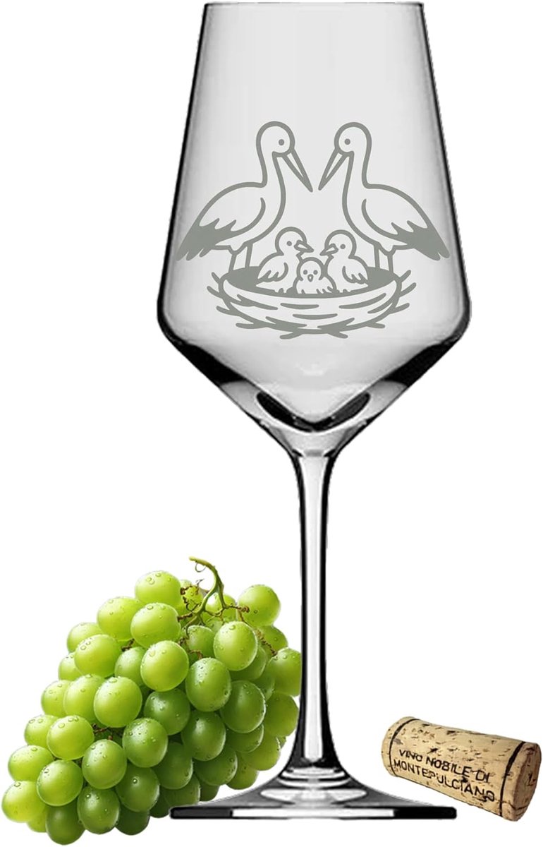 Wijnglas 350 ml - Gegraveerd met ooievaar en baby - Vaatwasserbestendig - Perfect voor gezellige momenten - ShopVlot