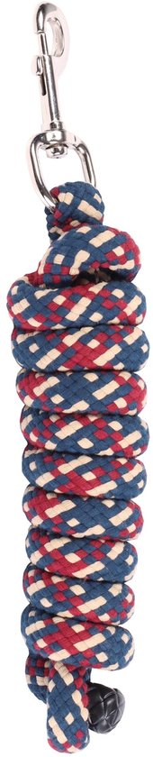 Halstertouw met karabijnhaak, gevlochten in navy, rood en beige.