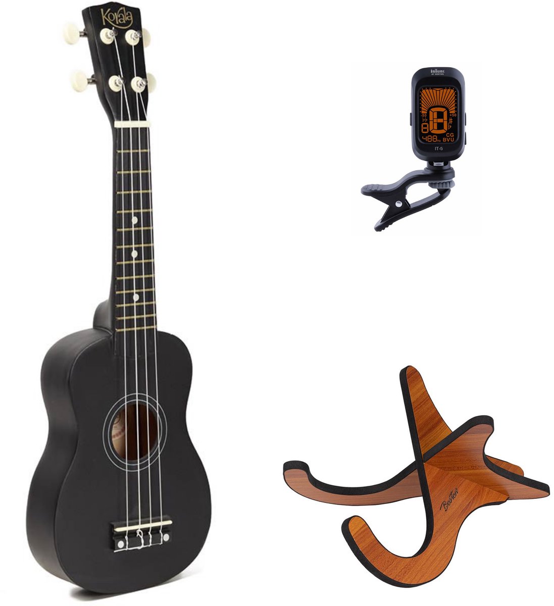 Korala UKS-15 sopraan ukulele set – inclusief stemapparaat en houten standaard