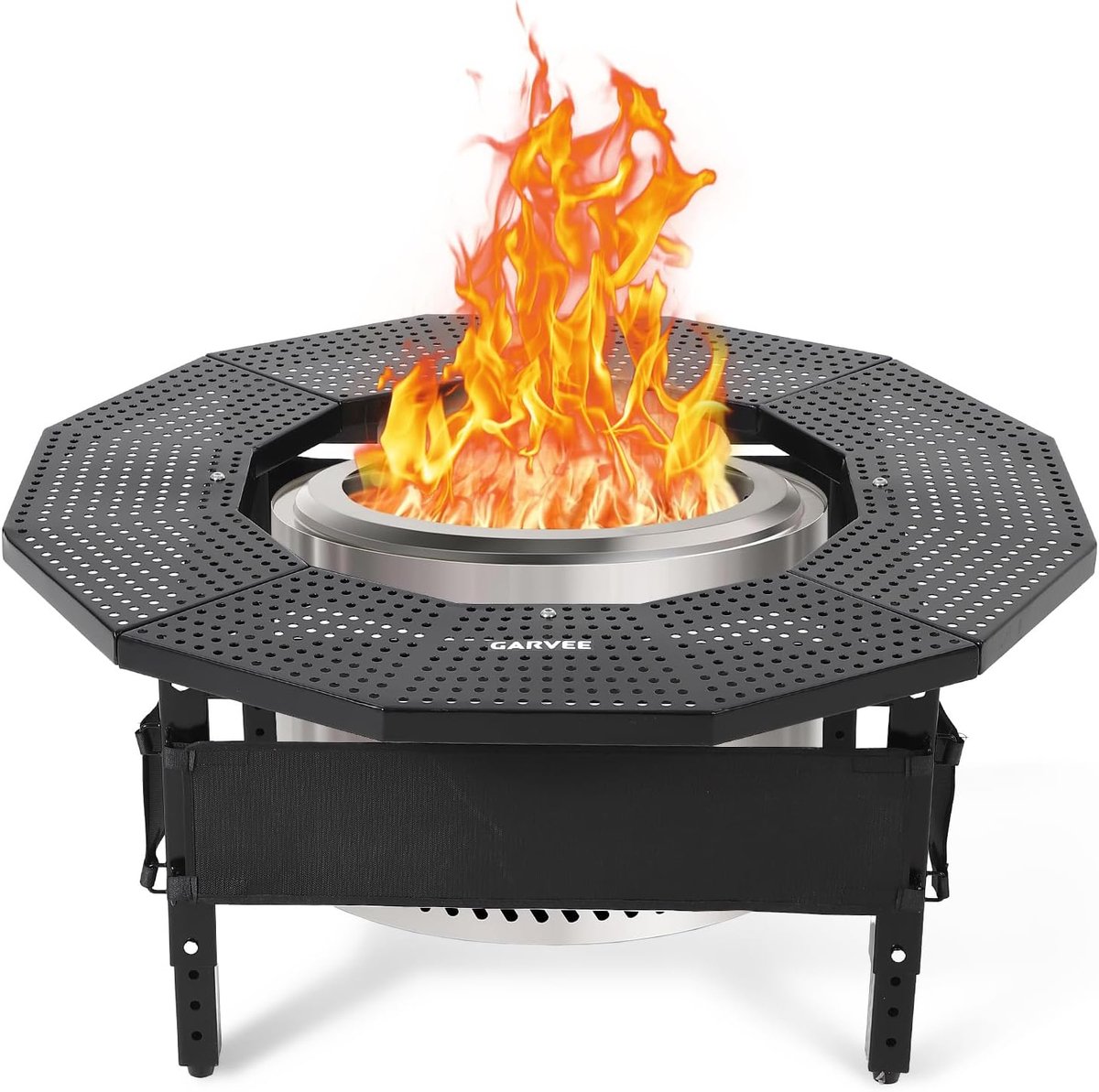 Tafelblad voor vuurkorfomranding - Omranding voor vuurkorftafel - Robuust Q235-staal - Roestvrij - UV-bestendig - Draagbaar metalen onderstel voor het terras - Zwart