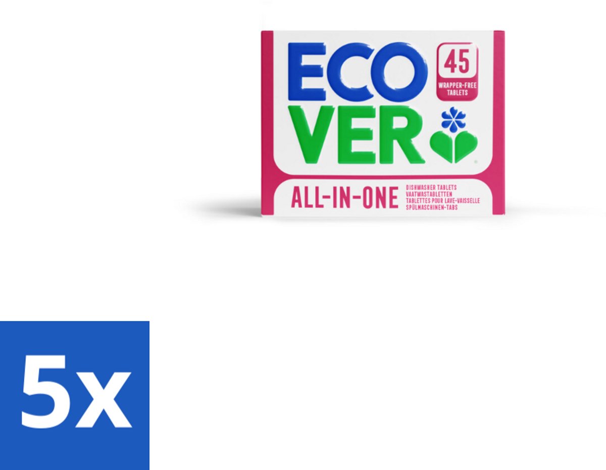 5 x Ecover - Vaatwastabletten All-in-One - Lemon & Mandarin - 45 Tabs - Vaatwasmiddel - Vaatwastablet - Vaatwasser - Reiniging - Vet Verwijderen