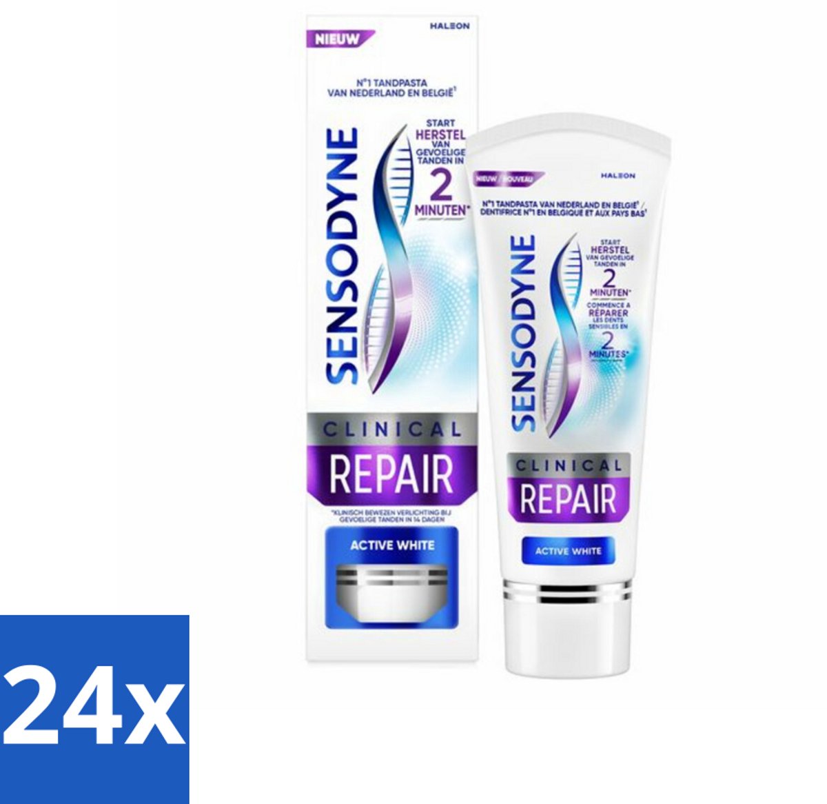 24 x Sensodyne - Tandpasta - Clinical Repair - Active White - Tandglazuur Herstellen - 75 ml - Tandgevoeligheid - Tandpasta - Wittere Tanden - Gevoelige Tanden - Novamin