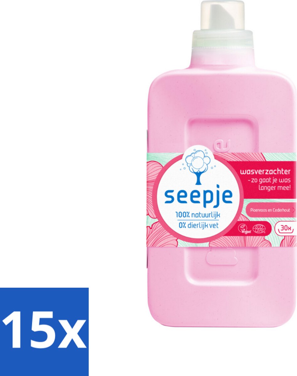 15 x Seepje - Wasverzachter - Geurige Verzorging - Pioenroos en Cederhout - 30 Wasbeurten - 750 ml - Wasverzachter - Natuurlijke Wasverzachter - Pioenroos En Cederhout - Geurige Wasverzachter - Vegan Wasverzachter