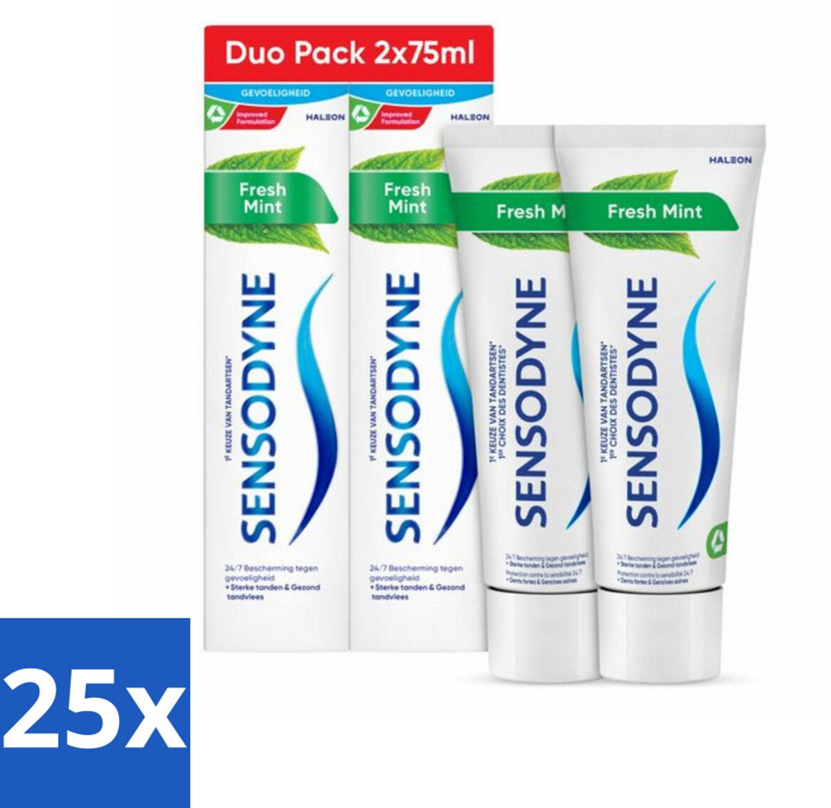 25 x Sensodyne - Tandpasta - Fresh Mint - Frisse Munt - Duopack - 2 x 75 ml - Gevoelige Tanden - Tandpasta - Frisse Munt - Fluoride - Tandplak