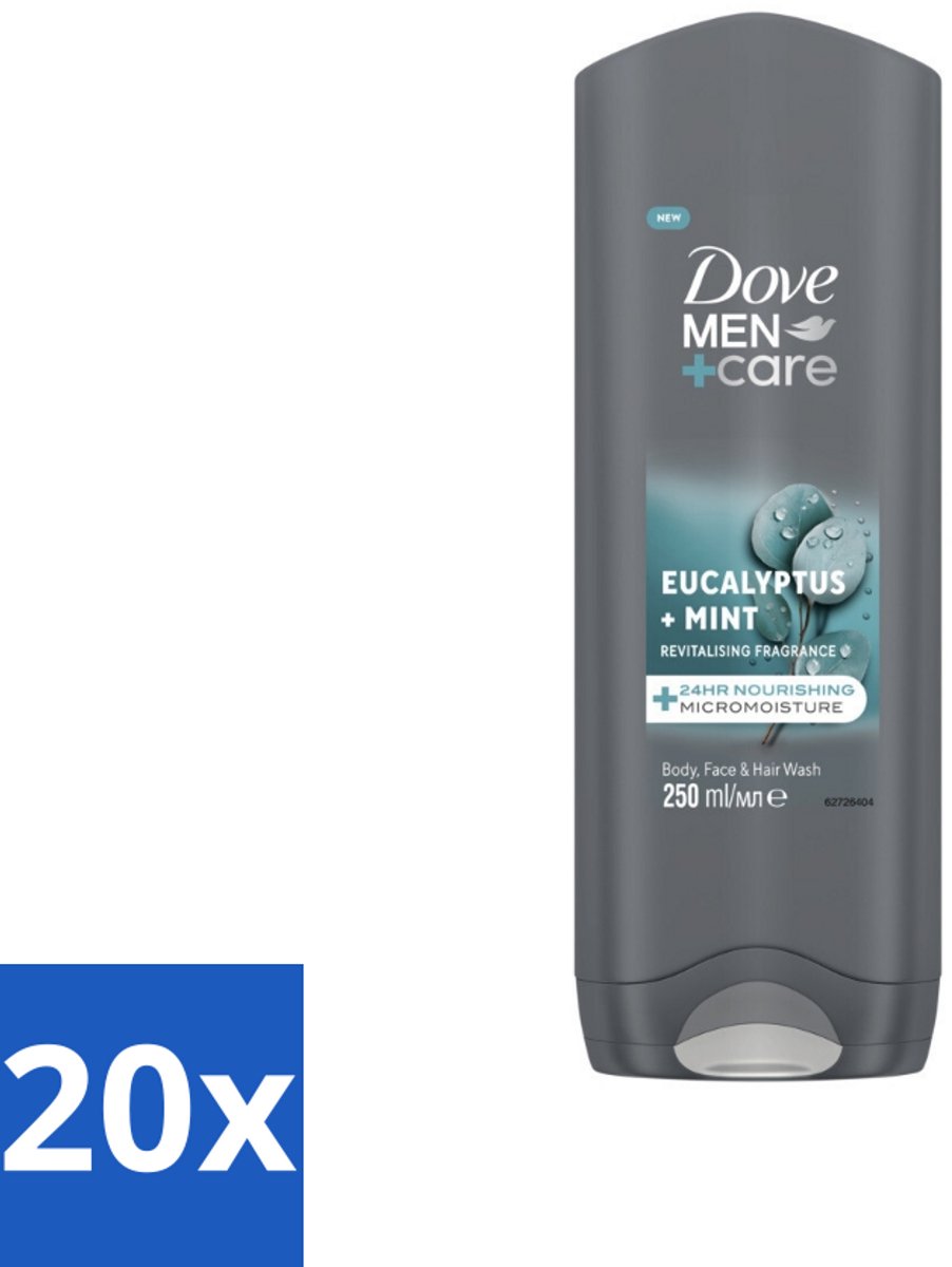 20 x Dove Men+Care Douchegel - Eucalyptus & Mint - 250 ml - Douchegel Mannen - Hydraterend Bodywash - Gezicht En Haar Verzorging - Eucalyptus En Munt - 3-in-1 Bodywash