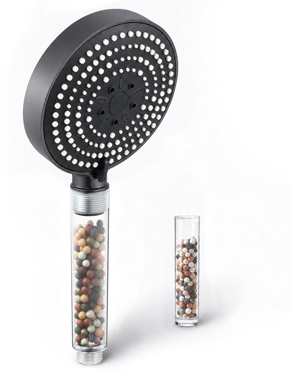 Douchekop met Filter 13 cm - Matzwart - 6 Straalsoorten - Waterbesparing - ShopVlot