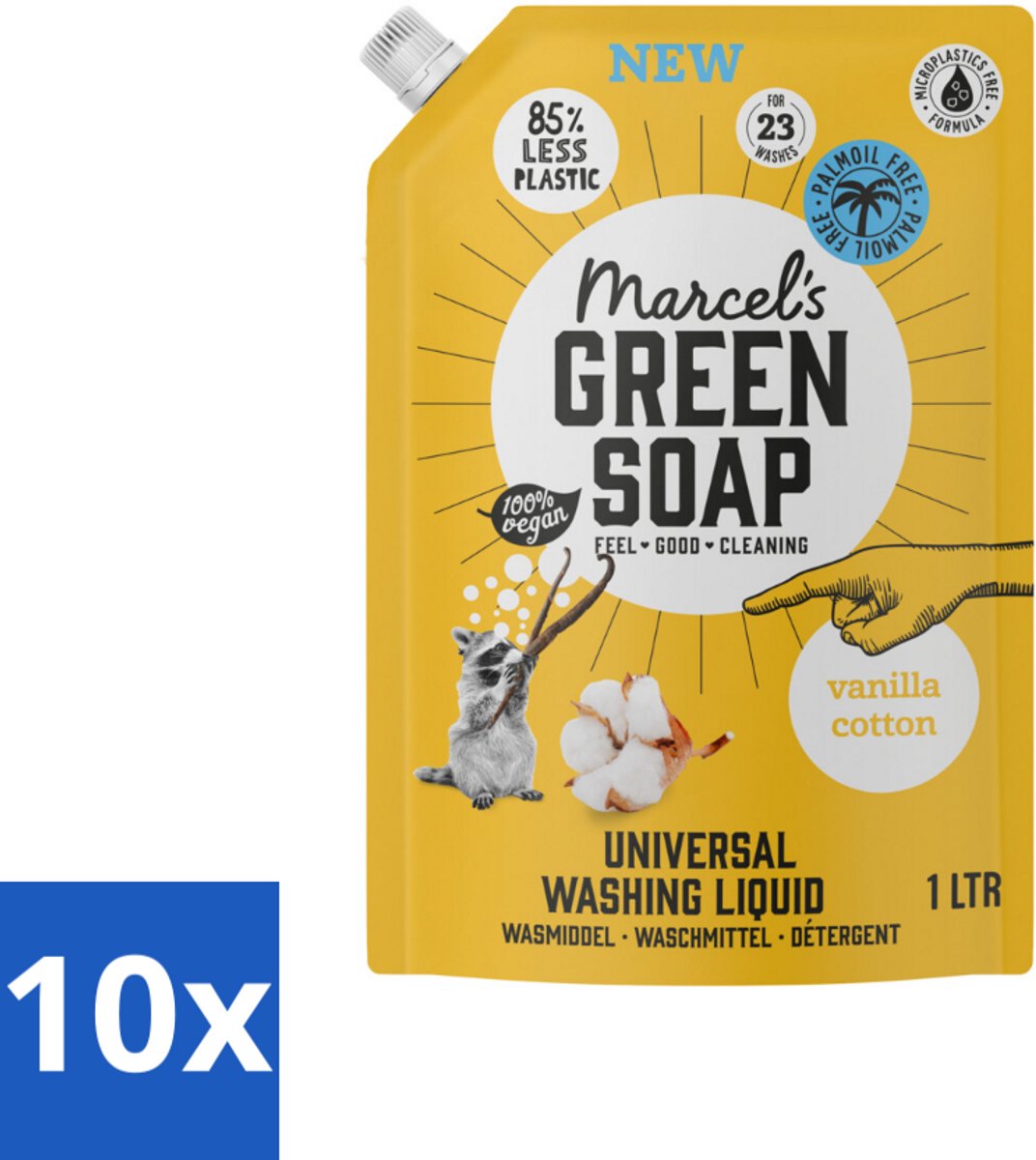 10 x Marcel's Green Soap - Vloeibaar Wasmiddel - Navulling - Vanille & Katoen - Effectief & natuurlijk - 23 Wasbeurten - 1 liter - Wasmiddel - Palmolievrij - Duurzaam Wasmiddel - Natuurlijk Wasmiddel - Milieuvriendelijk Wasmiddel