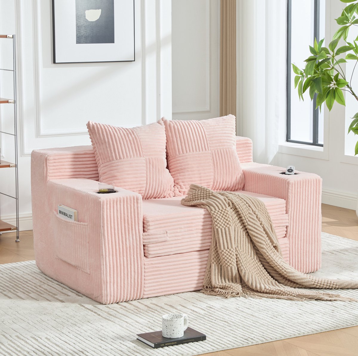 OKWISH Slaapbank – 2-Zits Bank Met Slaapfunctie, 2 Kussens, Bekerhouder En Opbergvakken – Voor Woonkamer En Leeshoek – Corduroy – Roze