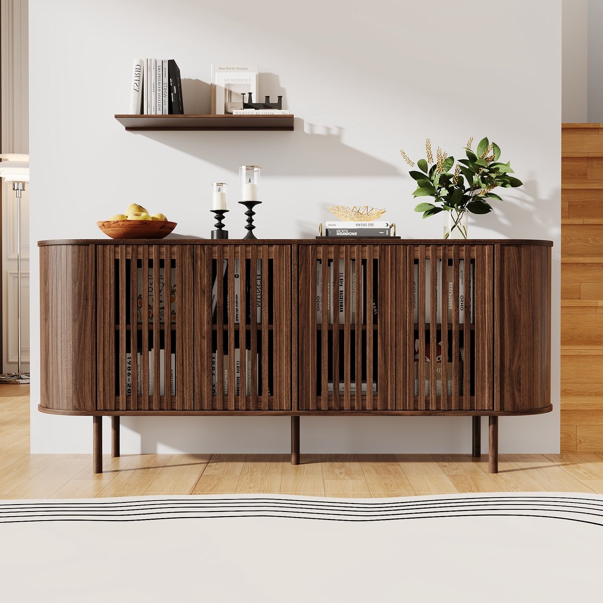 Pugsdrly 160x40x70 cm dressoir van MDF met 4 geperforeerde schuifdeuren, moderne ladekast met verstelbare planken en stevige metalen poten, buffetkast voor de woonkamer, hal of eetkamer, walnoothoutkleur