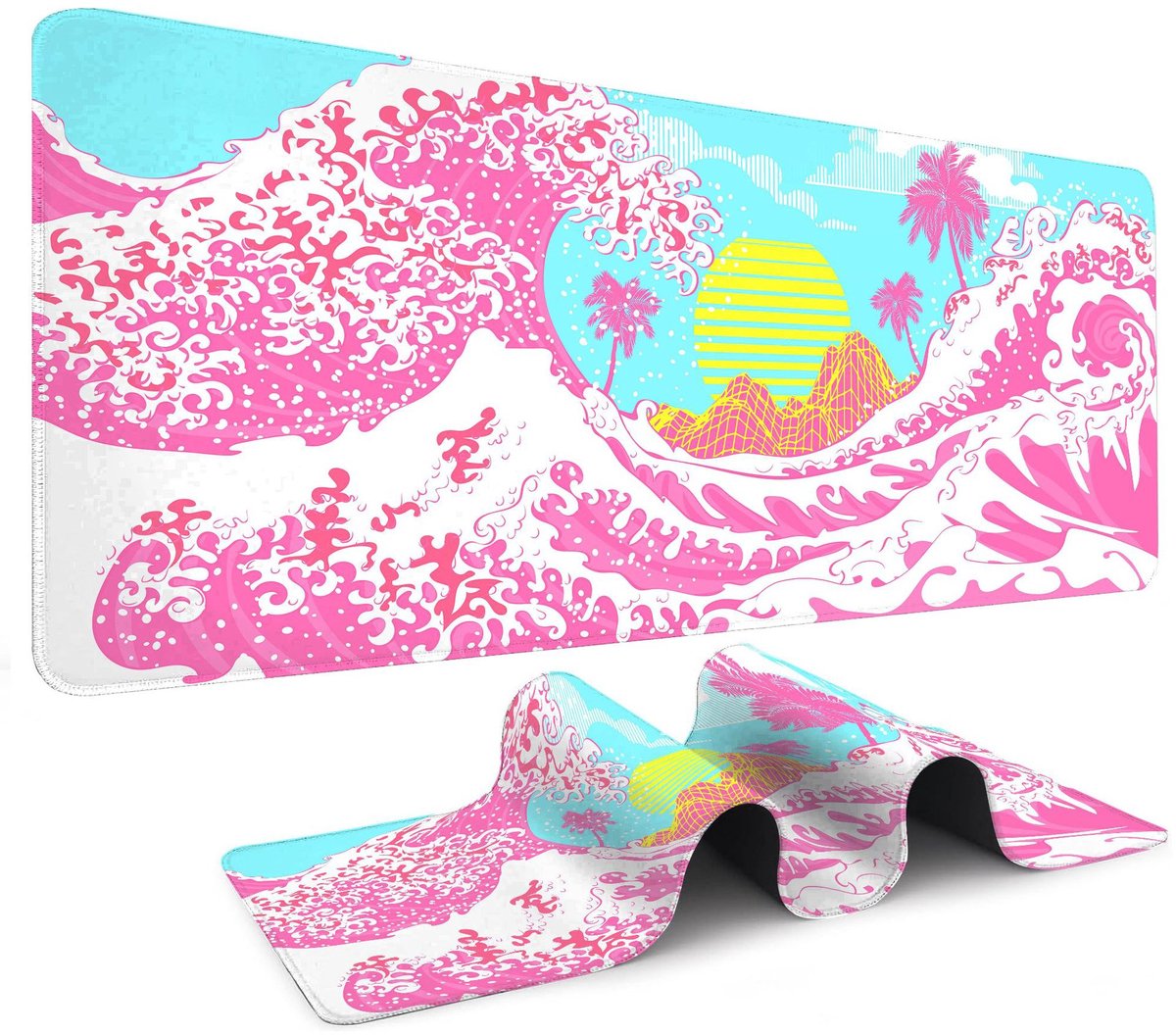 Bureau-muismat - Gaming-muismat - Toetsenbord- en muismat - Gaming-mat - Antislip rubberen onderkant - 90 x 40 cm - Design met zomerse oceaangolf - Bureau-onderlegger voor gaming, kantoor en thuis - Roze