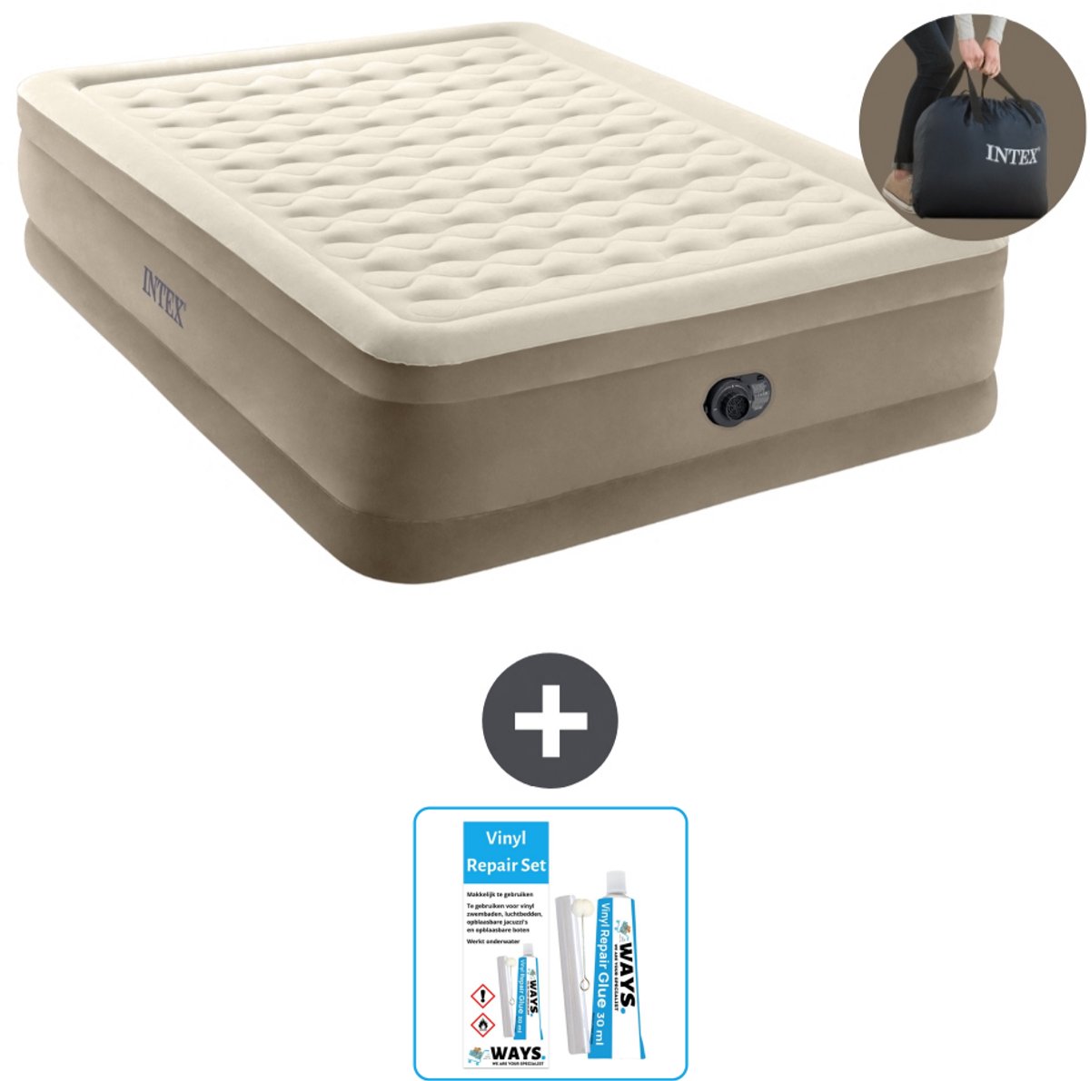 Intex Luchtbed - 2-Persoons - 152 x 203 x 46 cm - Beige - Inclusief pomp - Reparatieset