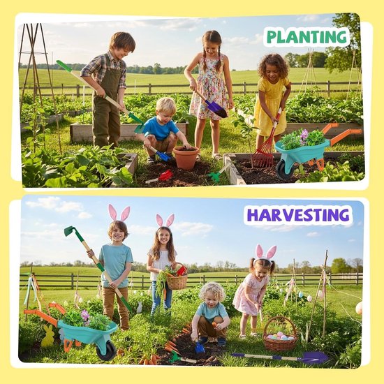 Tuinspeelgoed set voor kinderen - 70CM kruiwagen - metalen schoffel, hark en schep - educatief buitenspel — afbeelding 4