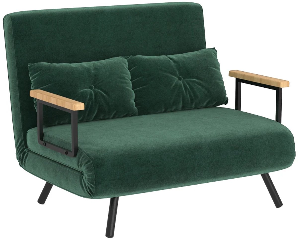 Slaapbank 2-zitsbank - Fluwelen bank met slaapfunctie - Inclusief 2 kussens - Fluwelen look - Naturel en groen