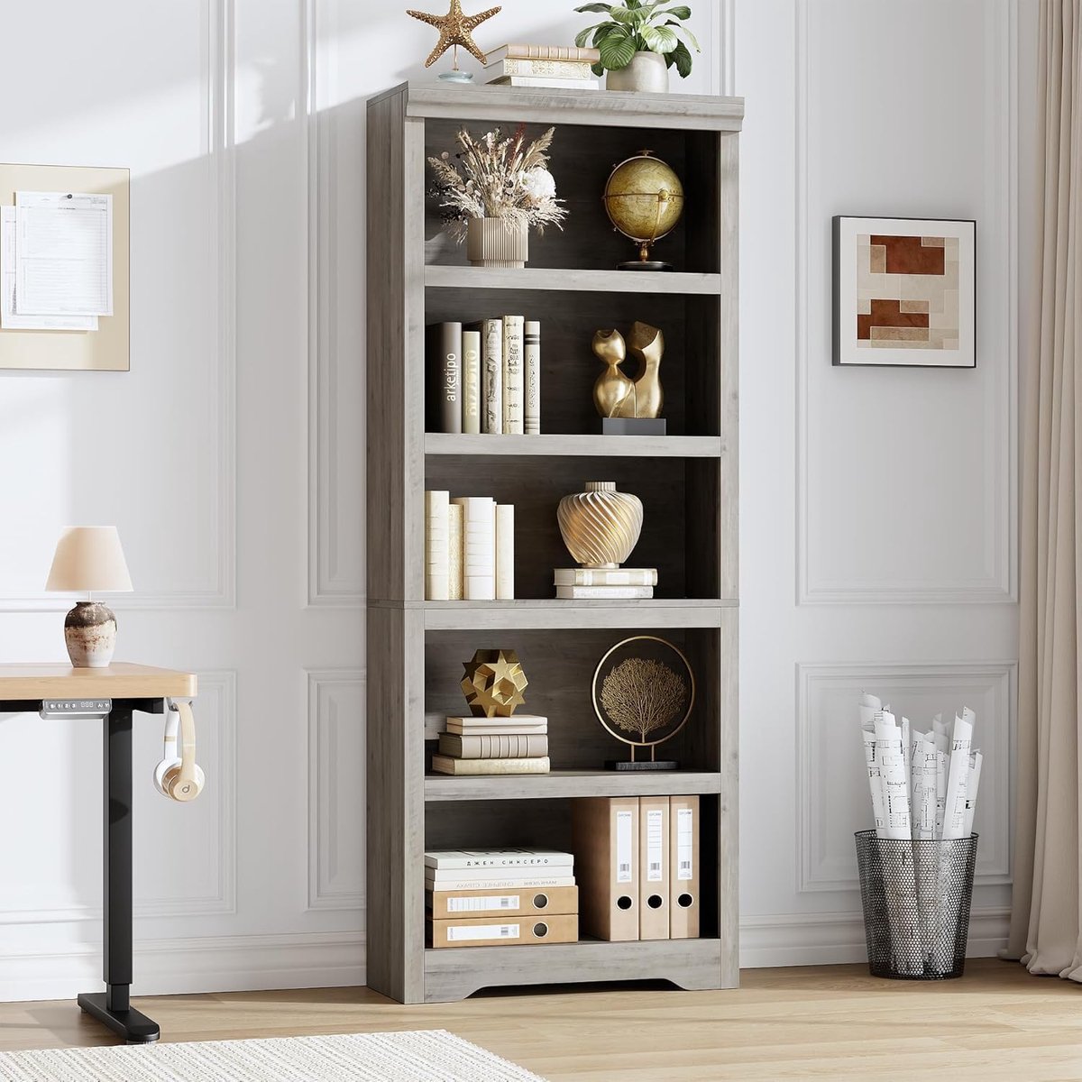 Hoge Boekenkast 5 Lagen - 60x29.5x174.5cm - Boekenkast Vintage - Verstelbare Planken - Kantelbeveiliging - Open Opbergkast - Voor Woonkamer Kantoor - Grijs