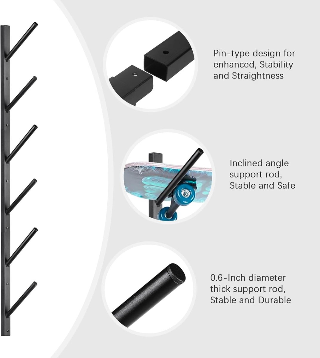 Wandmontage voor skateboard - 6 verdiepingen - verwijderbaar of combineerbaar - ideaal voor het ophangen van sportuitrusting
