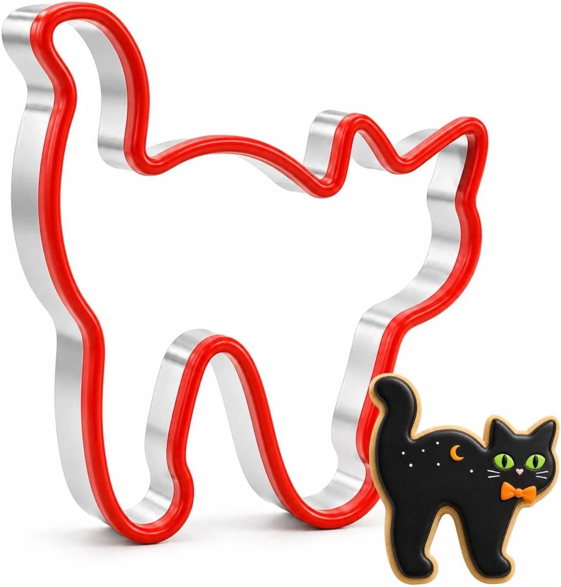 Halloween cat cookie cutter, stainless steel with red silicone edge - ShopVlot