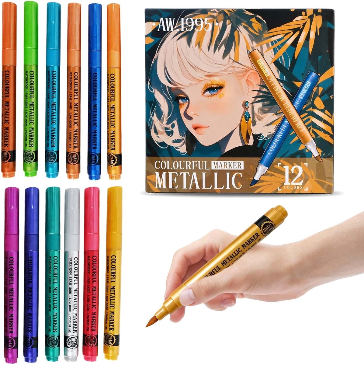 Set van 12 acrylstiften, 1-5 mm punt, acrylmarkers, viltstiften, glitterstiften, permanent, metallic stiften op - ShopVlot