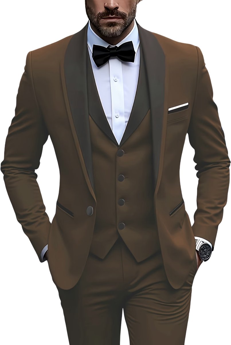 Currero 3 Delig Herenpak Met Overhemd Suit 2 Delig Tailored Fit Kostuum Business Pak Trouwpak Smoking Tuxedo Stijl Bruiloft Kantoor & Feest Donkerbruin