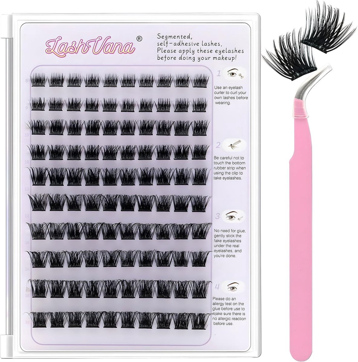 Adhesive Eyelashes, Pack of 100, Press-on Eyelashes, Large Pack, 8-16 mm, Voluminous Eyelash Cluster Set, Lasts for 24 - ShopVlot