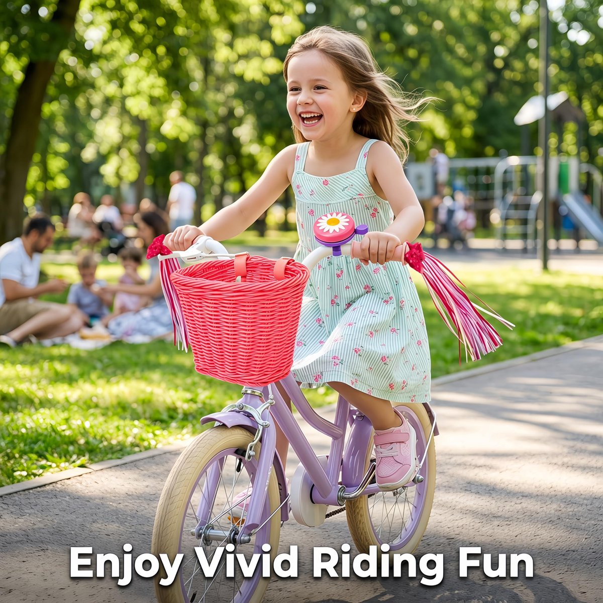Fietsmand voor kinderen - vooraan, verstelbare riemen - met madeliefjesbel en strikkwastjes - perfect voor kinderfiets - ShopVlot
