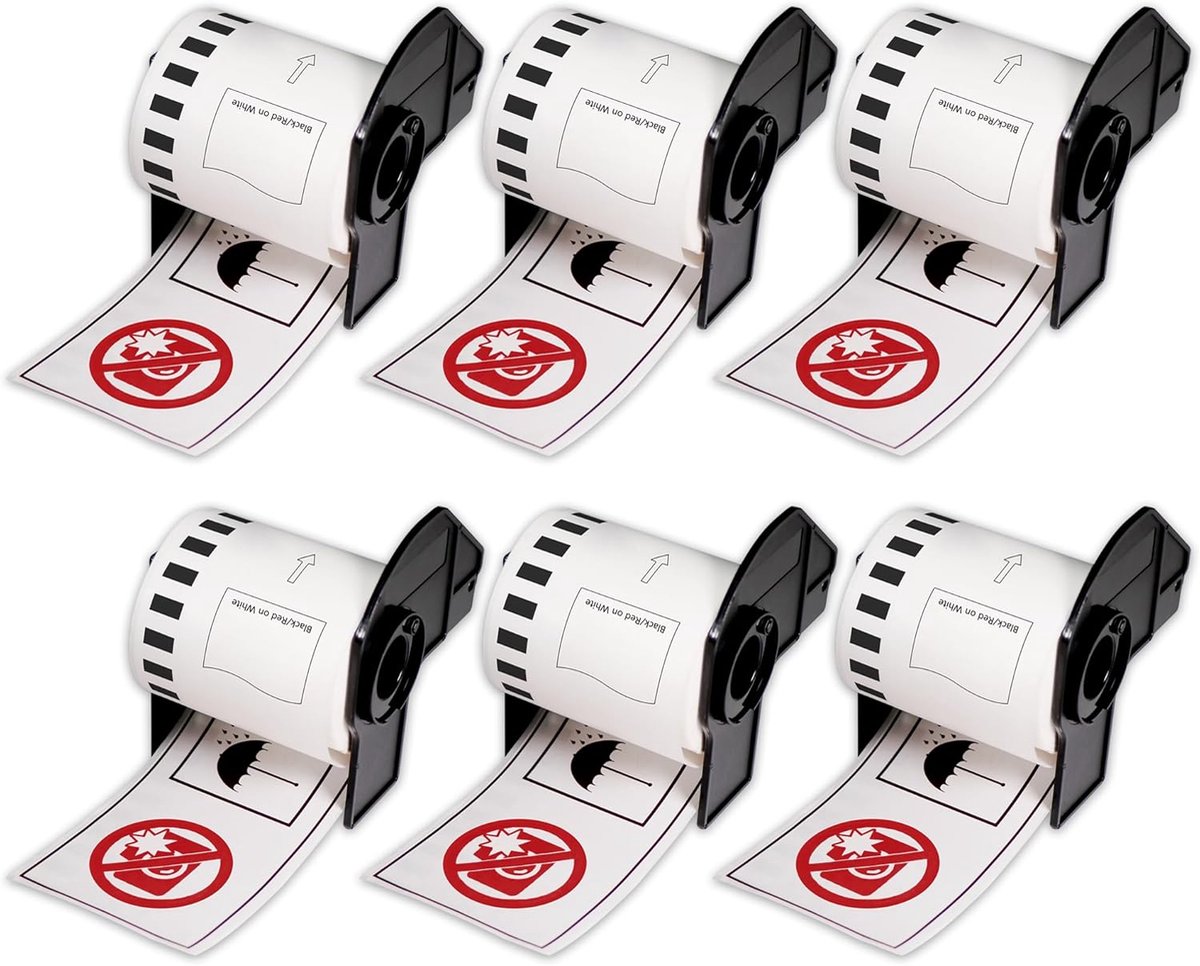 BETCKEY - Labels for Replacement of Brother DK-22251, 62mm x 15.24m, Rot/Schwarz auf Wit, 6 Black/Red on White - ShopVlot