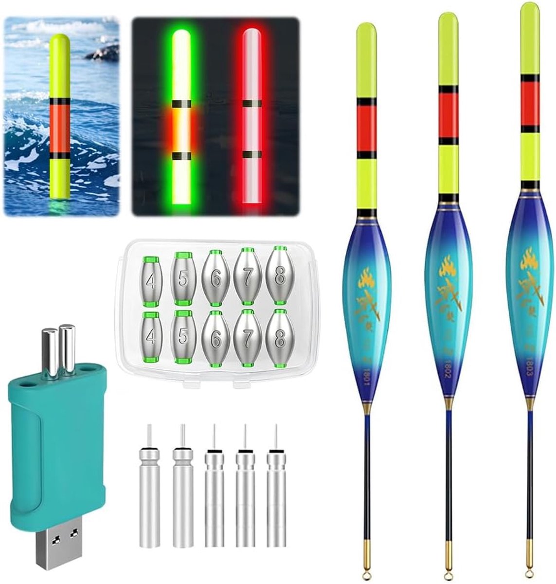 LED Posen Vissen Set - Tweekleurige nachtvisboei - Inclusief batterijen oplader - Ideaal voor rivier vissen - ShopVlot