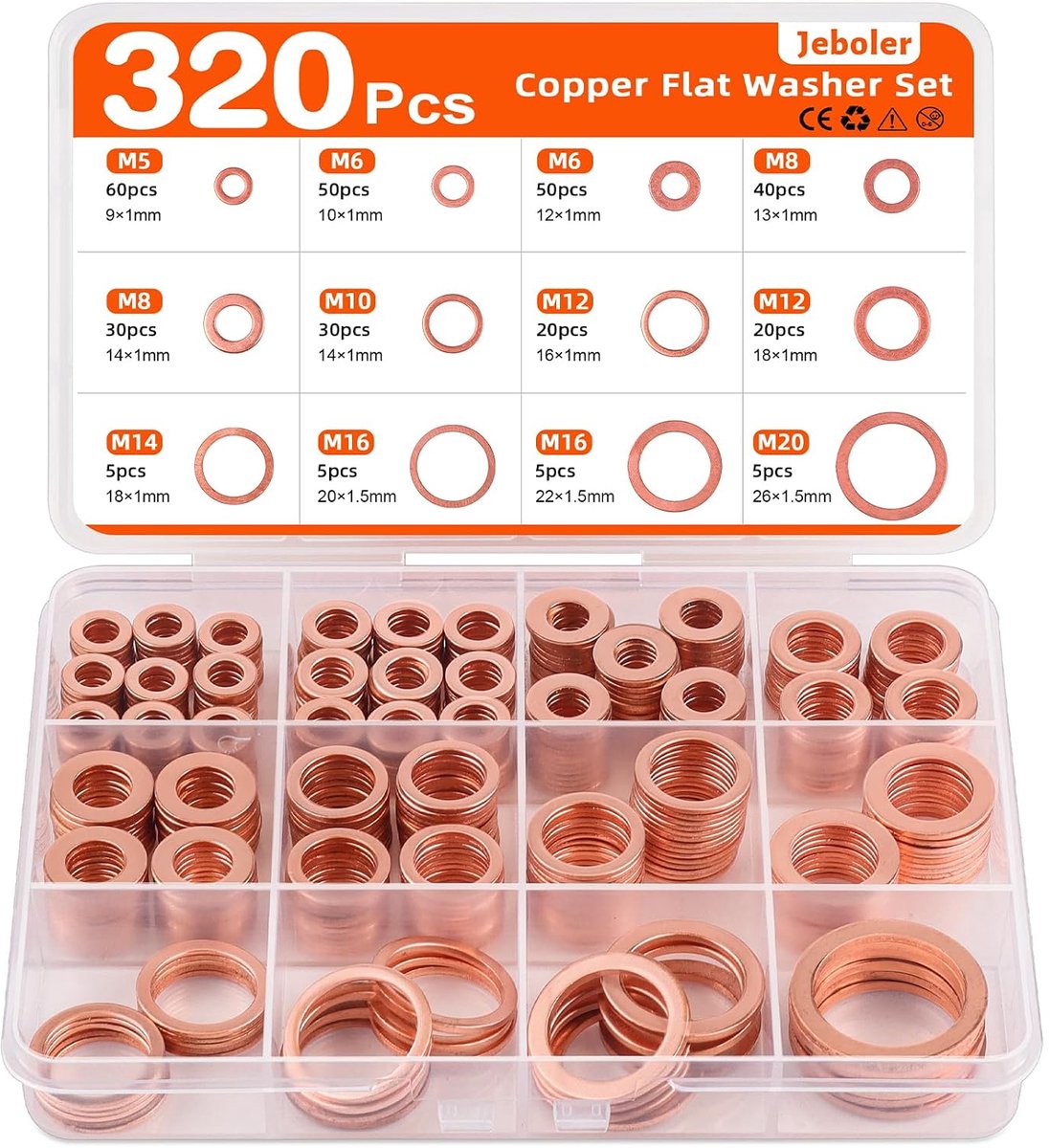 Koperen afdichtringen set (320 stuks, M5-M20) - Koperen afdichtingen - Druk- en corrosiebestendig - ShopVlot