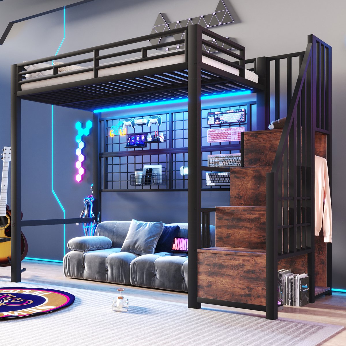 MEUNIQ Hoogslaper 90 x 200 cm met opbergladder, hangrooster, open ruimte onder het bed en 7-kleuren ledverlichting, zwart Grijs