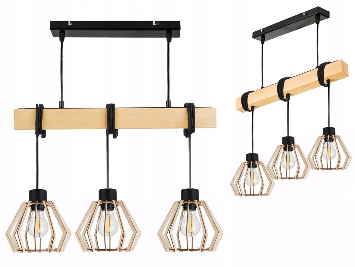 Hanglamp Houten Balk Loft Stijl 3x E27 Zwart/Beige