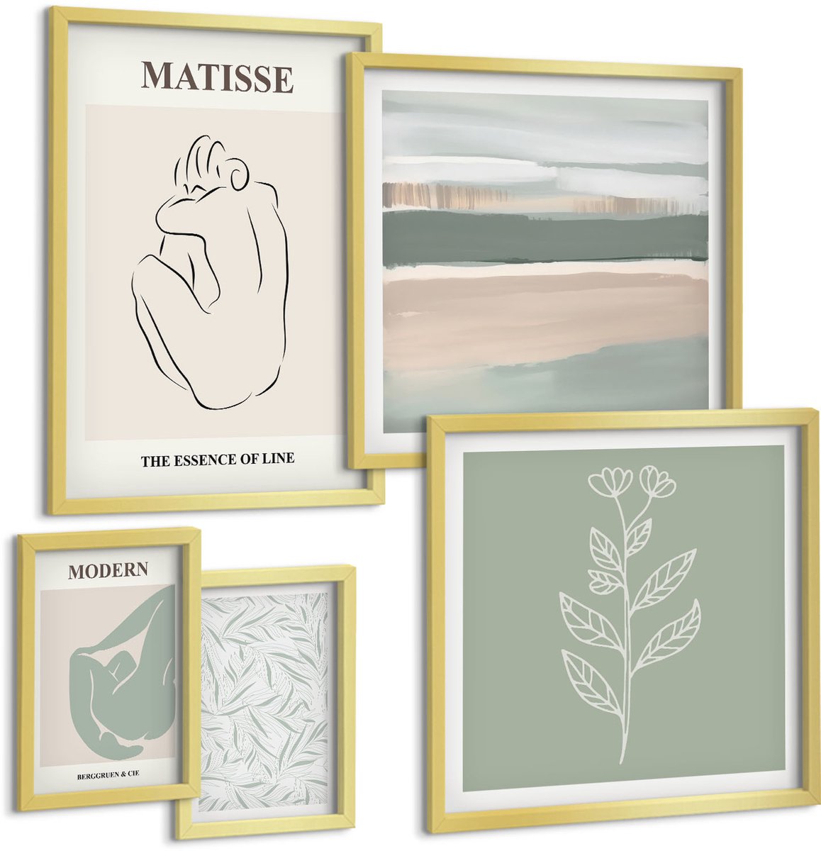 TULUP 5-Delige Schilderij Set - Stijlvolle, minimalistische afbeeldingen met plant- en lijnmotieven. - 50 x 50 cm, 20 x 30 cm en 40 x 60 cm - Wanddecoratie - Schilderijen Set - Kantoor - Interieur Decoratie Gouden lijst
