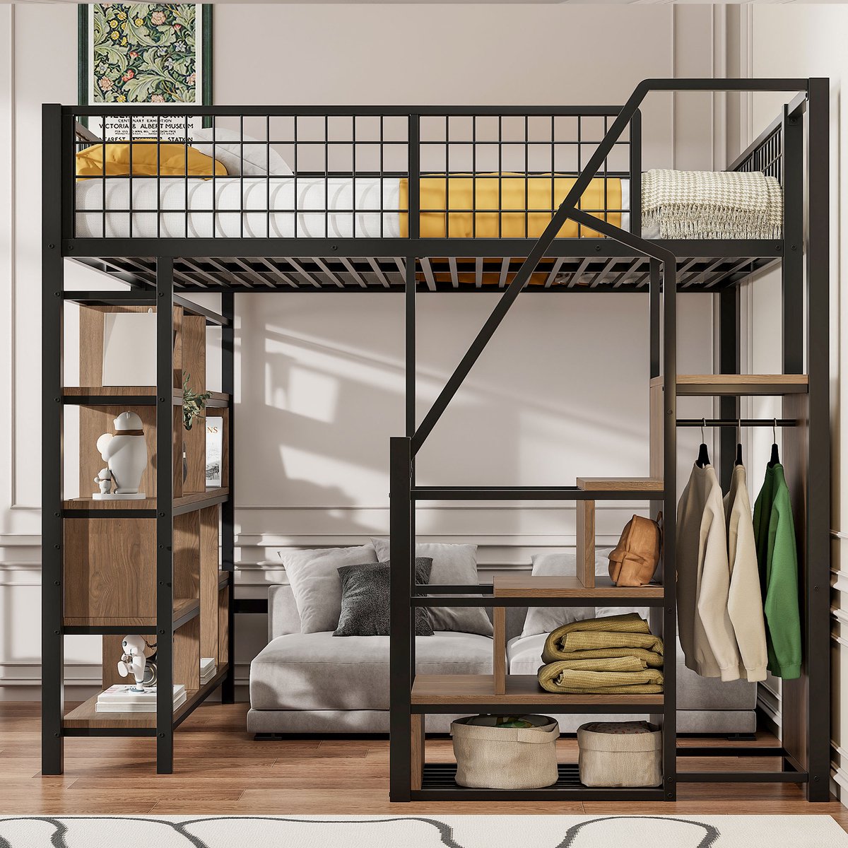MEUNIQ Hoogslaper 140 x 200 cm met opbergtreden, ingebouwde opbergruimte en open ruimte onder het bed, zwart Black