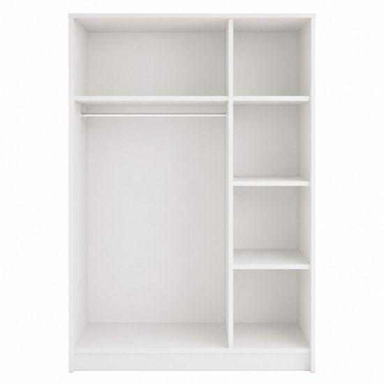 Witte kast met hanggedeelte en vier legplanken.