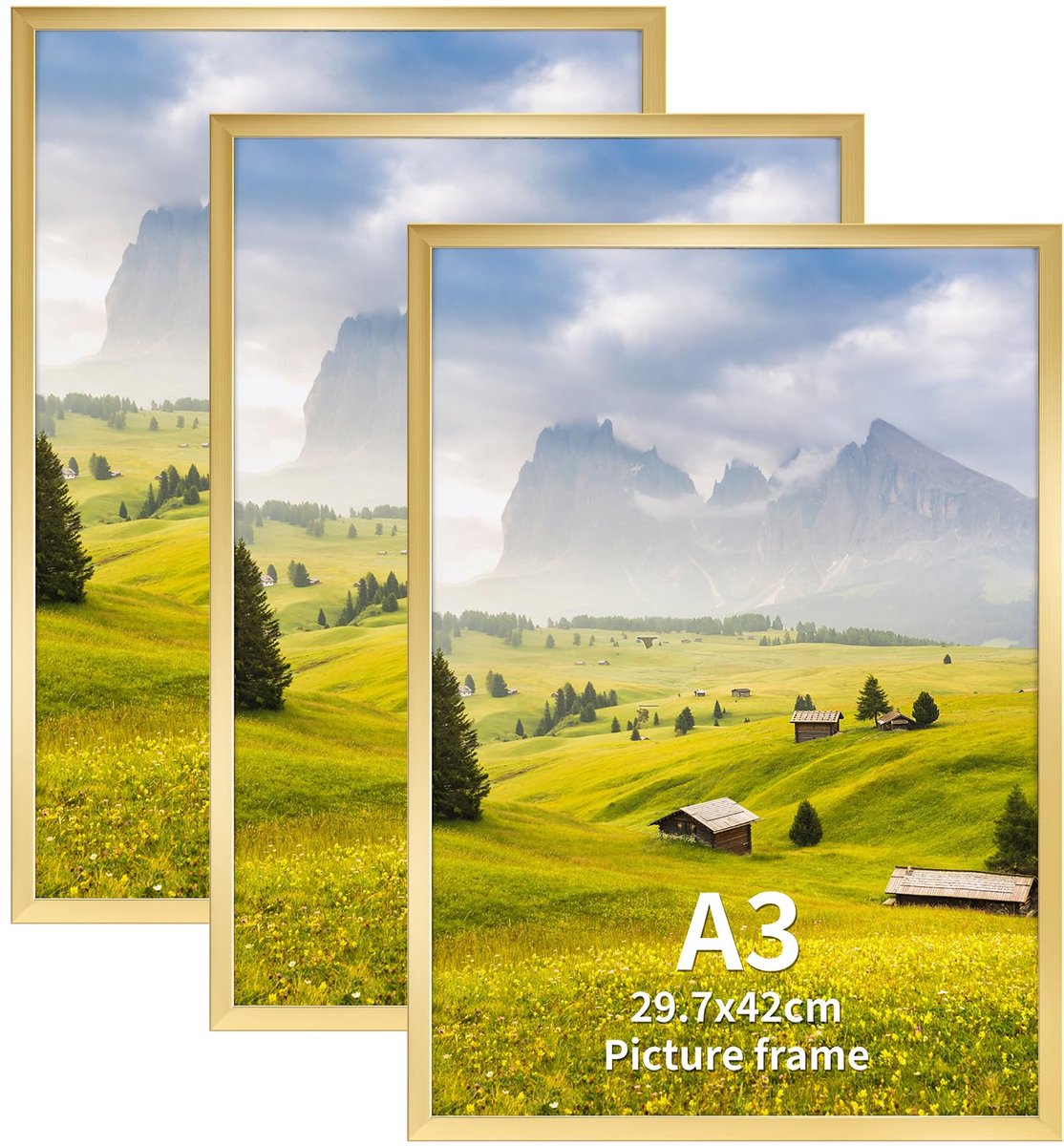 Famanu Set van 3 A3 fotolijsten, gouden posterlijsten voor wandmontage, geschikt voor horizontale en verticale displays