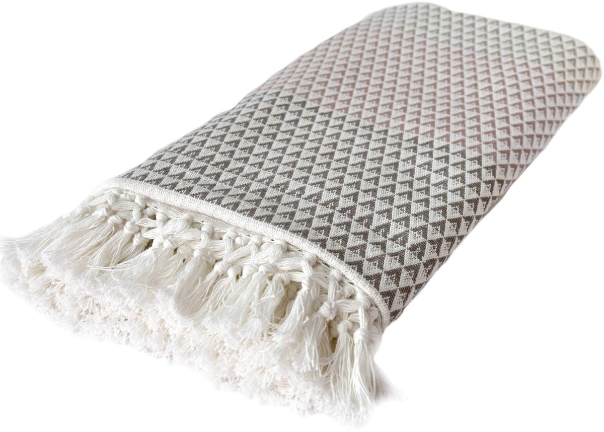 Famanu Woondeken Plaid Dana, 150 x 200 cm, grijs mauve en wit, boho patroon, katoen, geschikt als bankdeken of picknickdeken