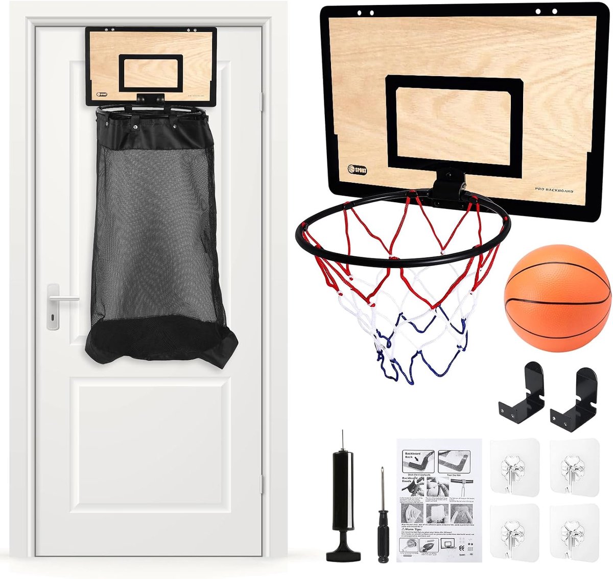Wasmand met basketbalring voor deur - 2-in-1 houten wasmand - speelzacht en praktisch - stimuleert ordegevoel - ShopVlot