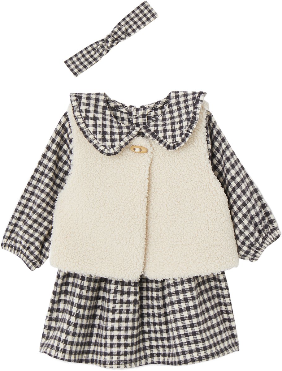 Vertbaudet 3-delige set baby ruitjesjurk + gilet + haarband
