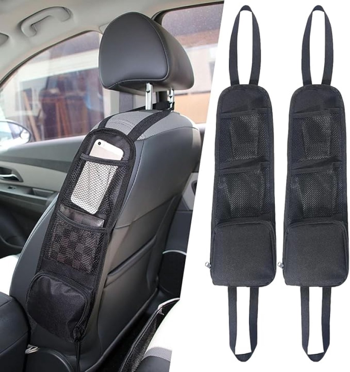 Huis Geluk 2-delige autostoel organizer met 3 vakken, gaas opbergtas voor de voorstoel, bekerhouders, universeel voor auto, SUV, jeep en bestelwagen