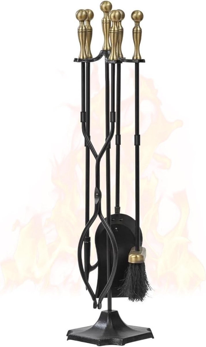 Haardgereedschap Set - Goud-Zwart - 31 Inch - Messing Handgrepen met Smeedijzeren Accessoires - Voor Binnen en Buiten