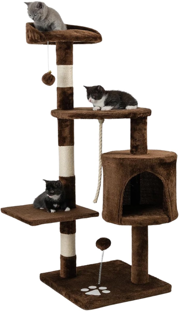 Verte - Krabpal - Krabpaal met 2 Pluche Ballen en Speelkoord - Krabpaal met Sisalkoord en Pluche - Comfortabel Ligplaats en Grot - Geschikt voor Kleine en Grote Katten - Bruin - Hoogte 112 CM