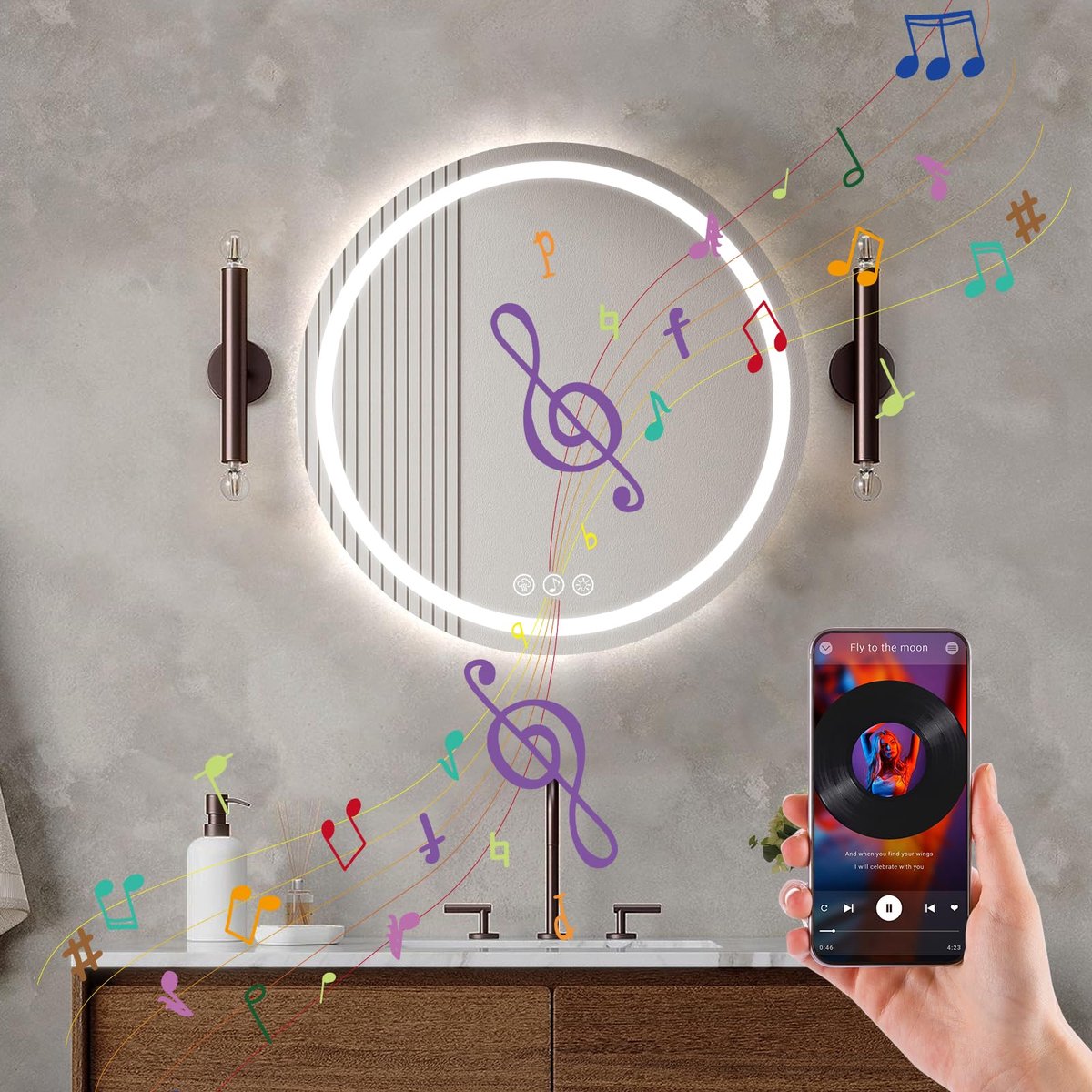 Ratsamee Bluetooth LED Badkamerspiegel Rond 50cm met Verlichting, Dimbaar, Anti-condens Touch, 3 Lichtkleuren - ShopVlot