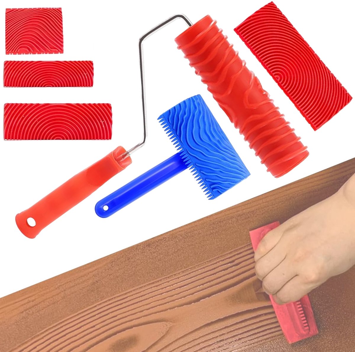 Houtnerfgereedschap Set - Applicators Voor Houtnerf - Rubberen Textuurrollen - Muren Decoreren - 6 Delig - Creëert Realistische Houtnerf - Houtnerfprintset - Voor Muren & Meubels & Vloeren & Hekken - DIY & Schilderen