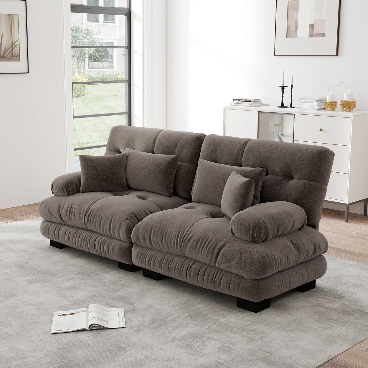 Cloud hoekbank met diepe zit - Vintage chenille voor woonkamer - 2-3 zitplaatsen - Bruin - Schuimvulling zonder veren en massief houten frame - Ronde armleuningen als hoofdsteun - Inclusief 2 lenden- en 2 sierkussens
