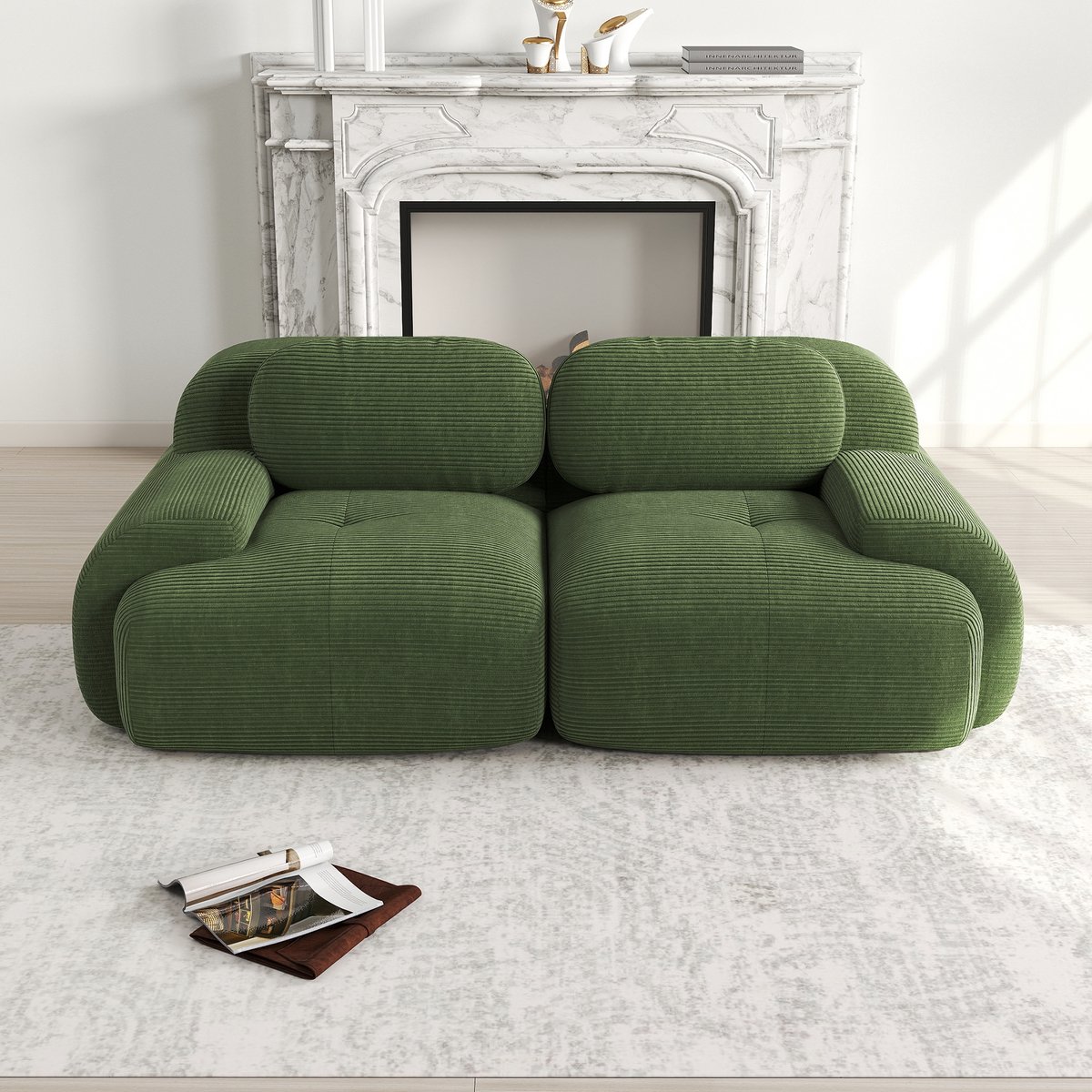 Modulaire frameloze corduroy loveseat - 2-zits bank voor woonkamer, slaapkamer of thuisbioscoop - groen - gebogen armleuningen - antislip onderkant - geen montage - hochelastische vulling