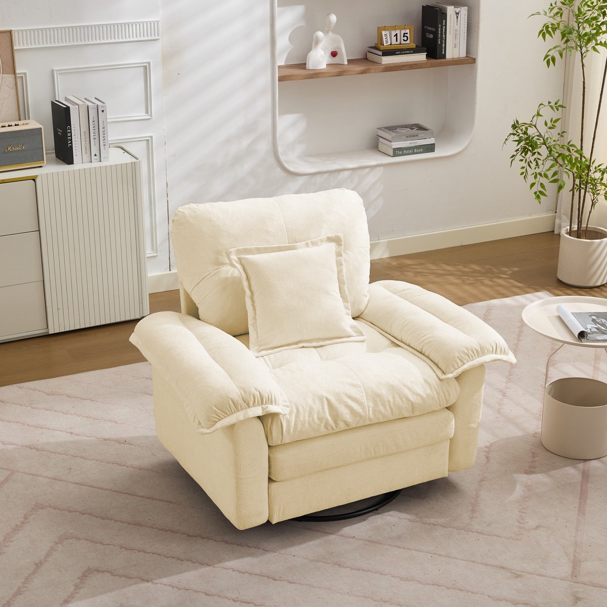 360° draaifauteuil chenille - Lees- en relaxstoel - 1-persoons oversized - Crème - Dubbellaags comfort met pocketvering - Stabiele metalen voet tot 136 kg - Ergonomisch steunkussen