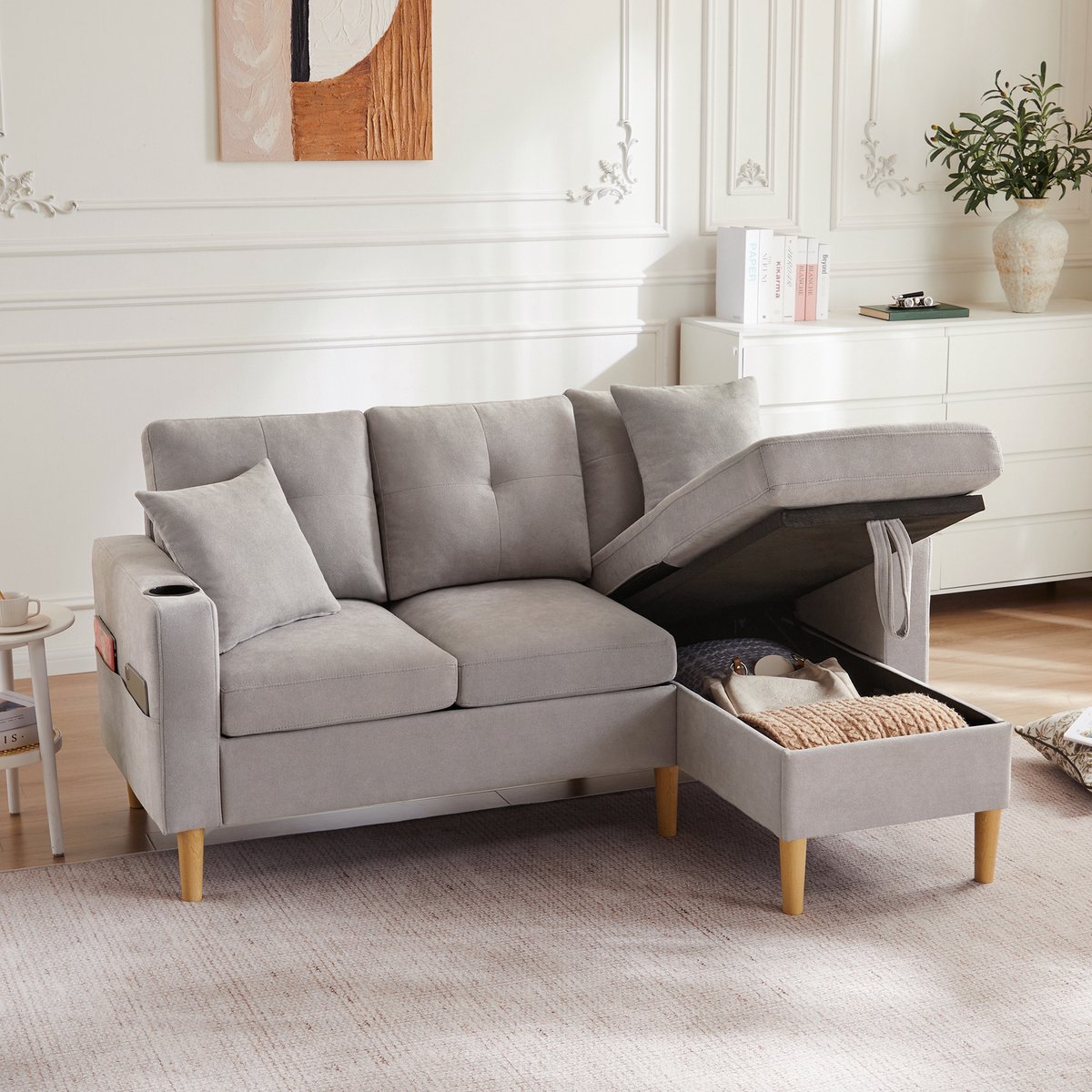 L-vorm bank met chaise longue en opbergruimte - woonkamer, kantoor of appartement - 3 personen, 175x129x90 cm - geïntegreerde drankhouders - verborgen opbergvak - incl. 2 kussens